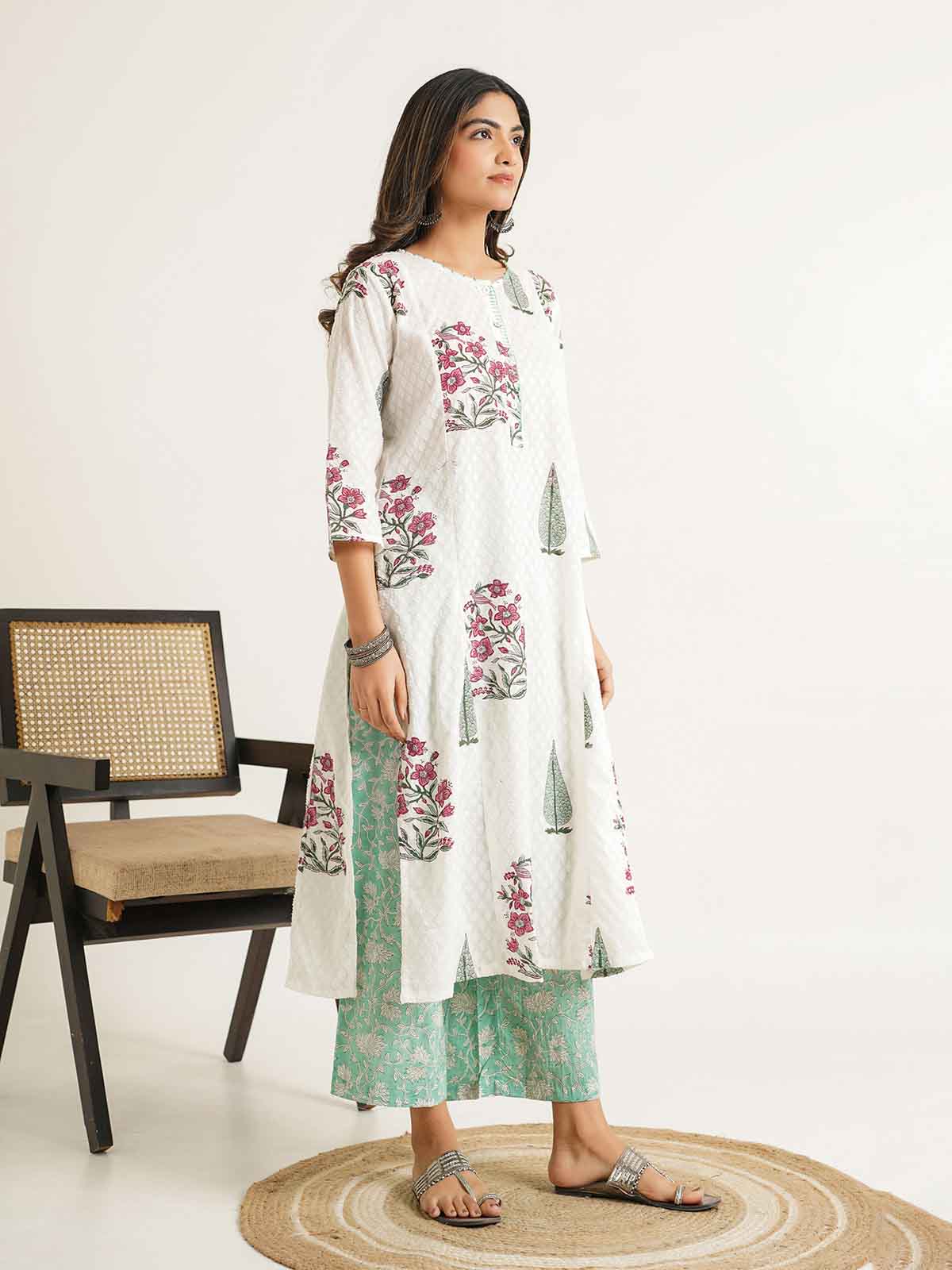 Block Printed A-Line Cotton Kurta Pant Chandni Set White
