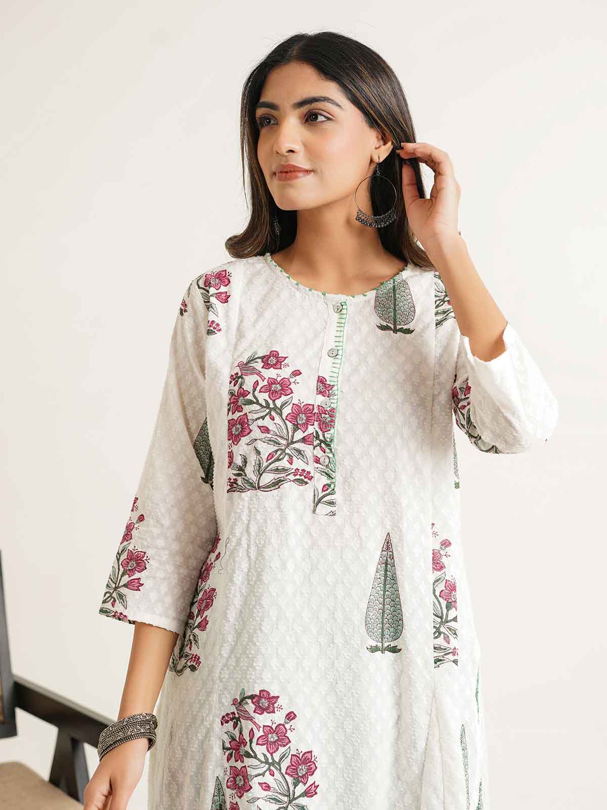 Block Printed A-Line Cotton Kurta Pant Chandni Set White