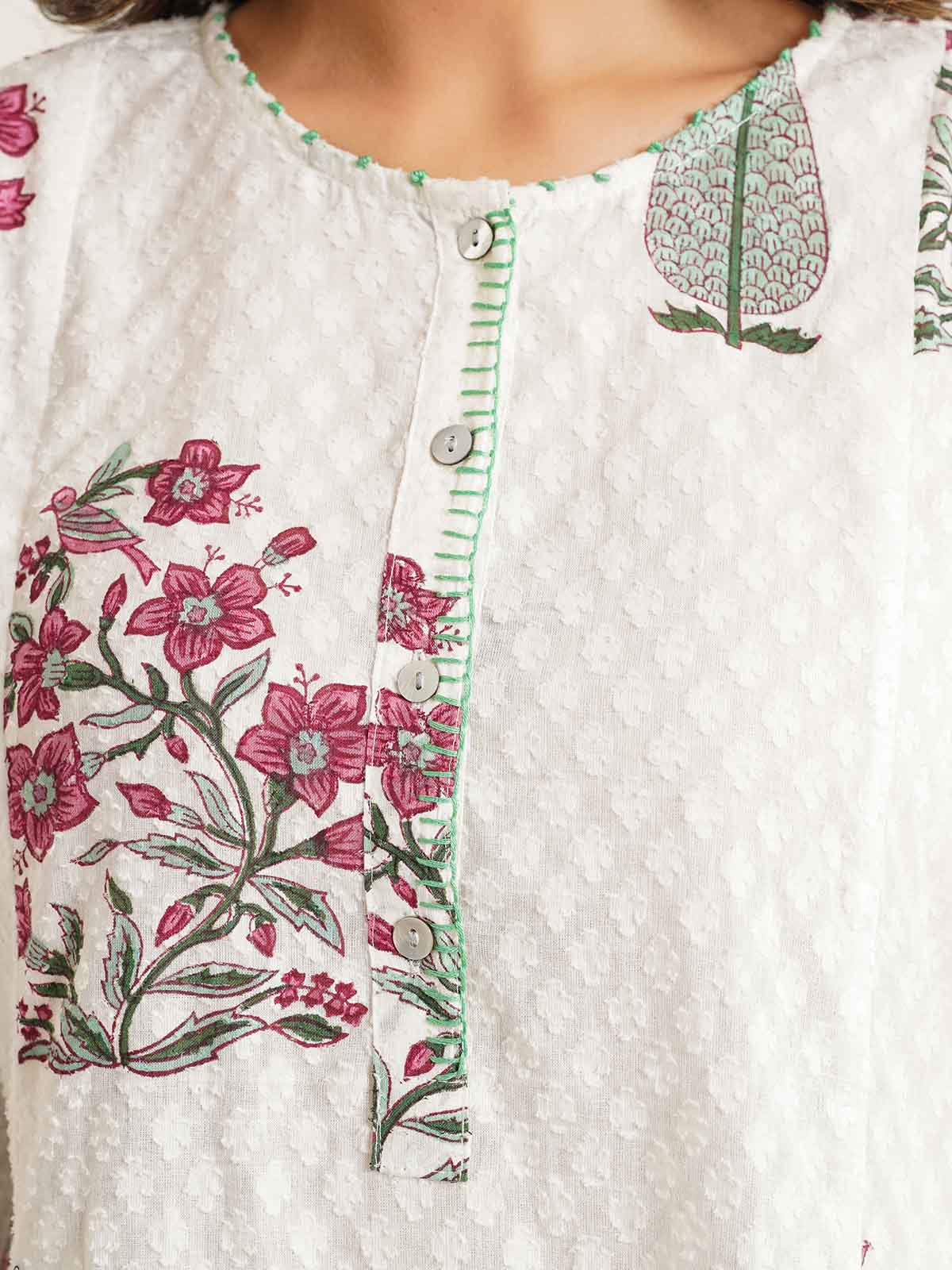 Block Printed A-Line Cotton Kurta Pant Chandni Set White