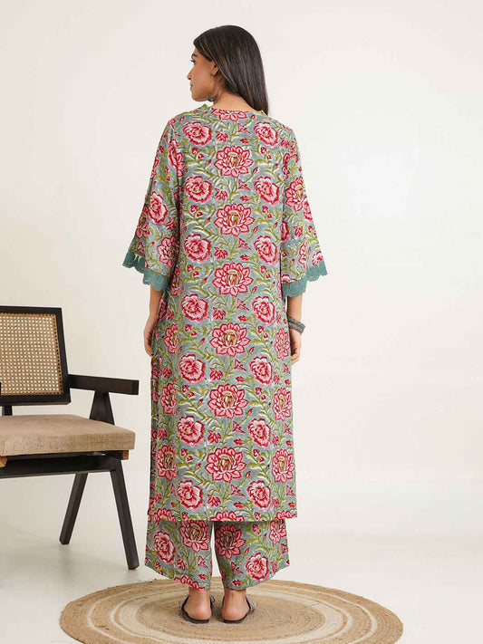 Block Printed Cotton Kurta Pant Bagiya Set Green