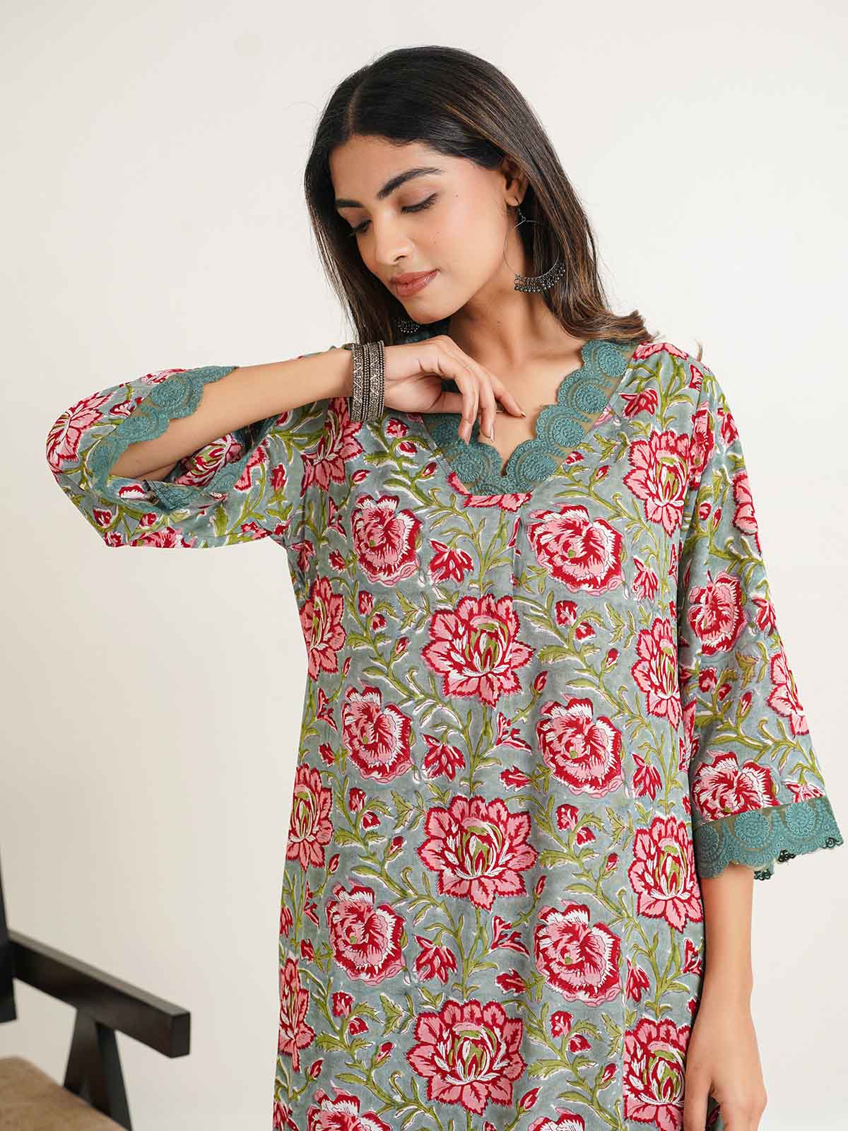 Block Printed Cotton Kurta Pant Bagiya Set Green
