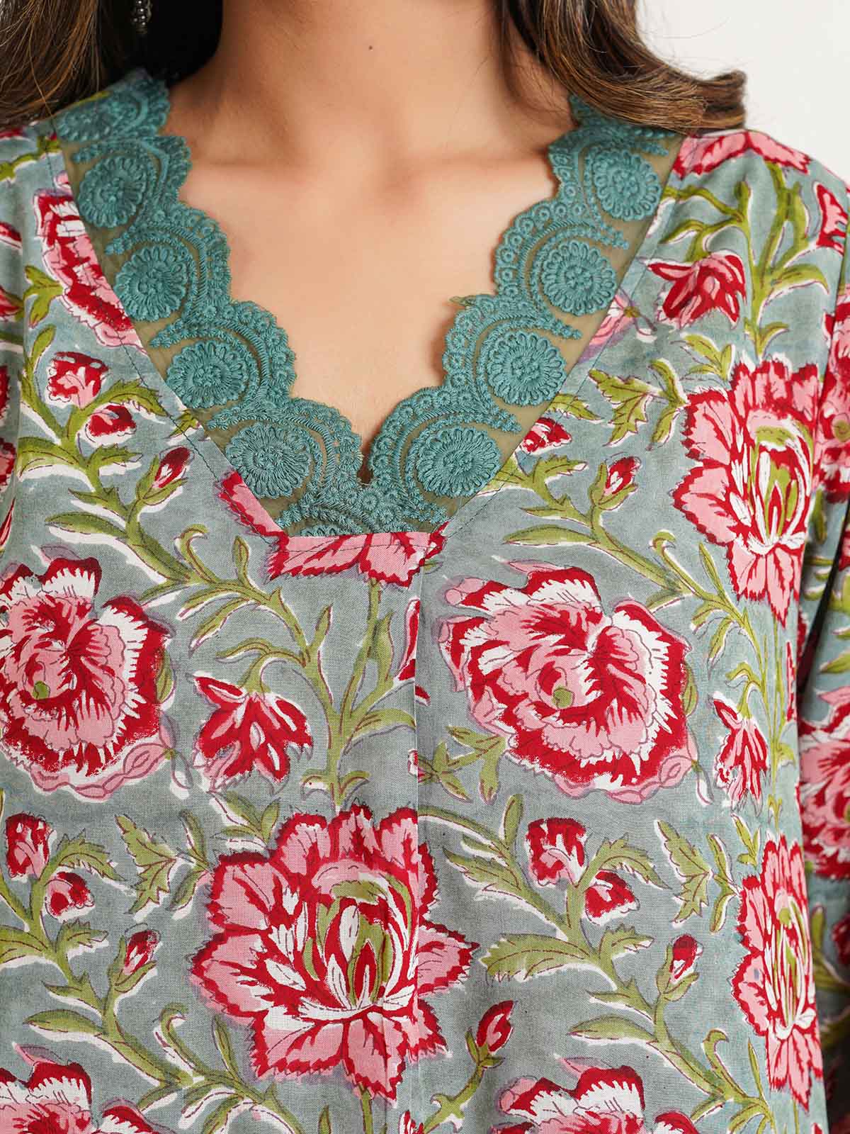 Block Printed Cotton Kurta Pant Bagiya Set Green