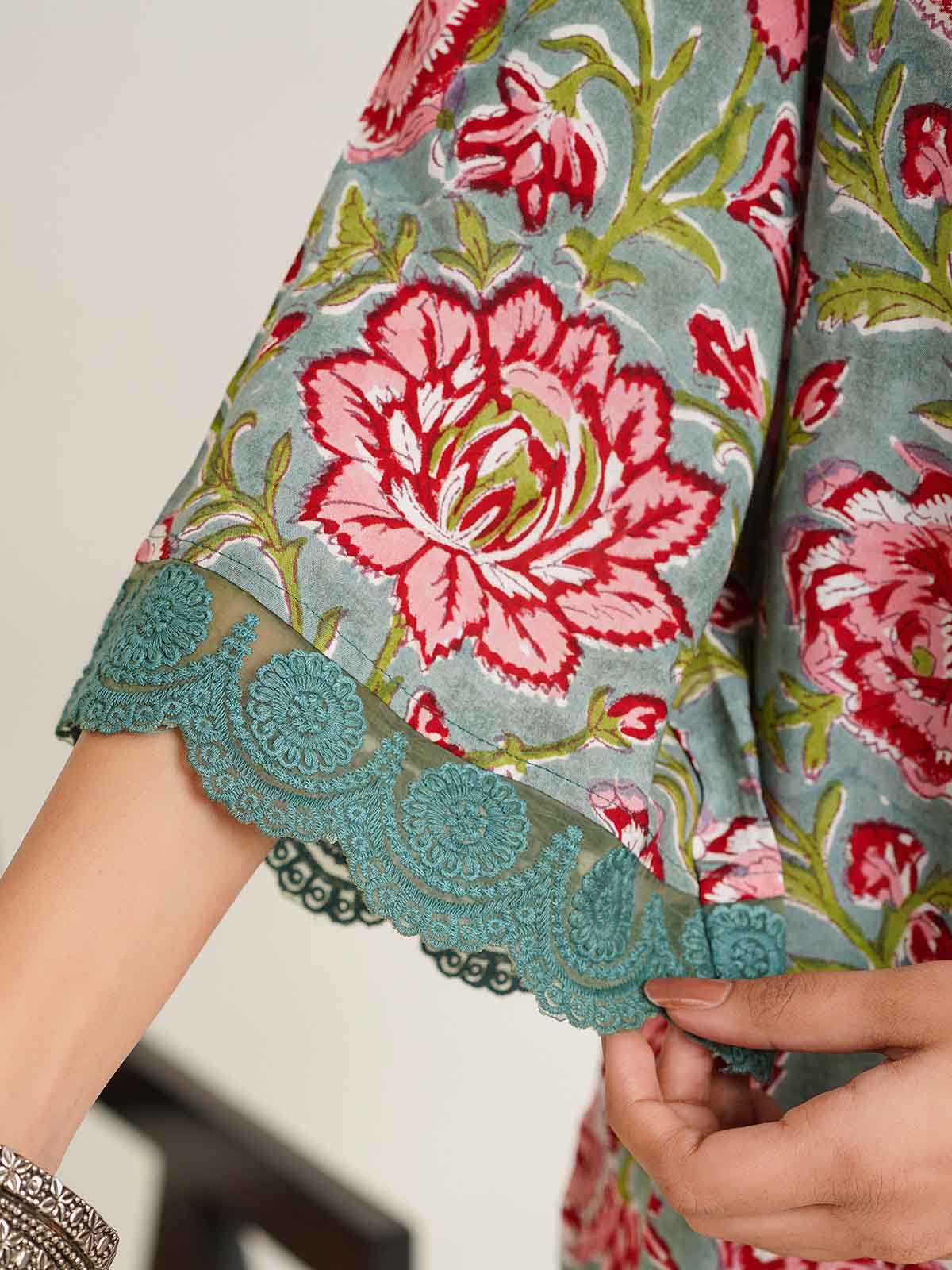 Block Printed Cotton Kurta Pant Bagiya Set Green