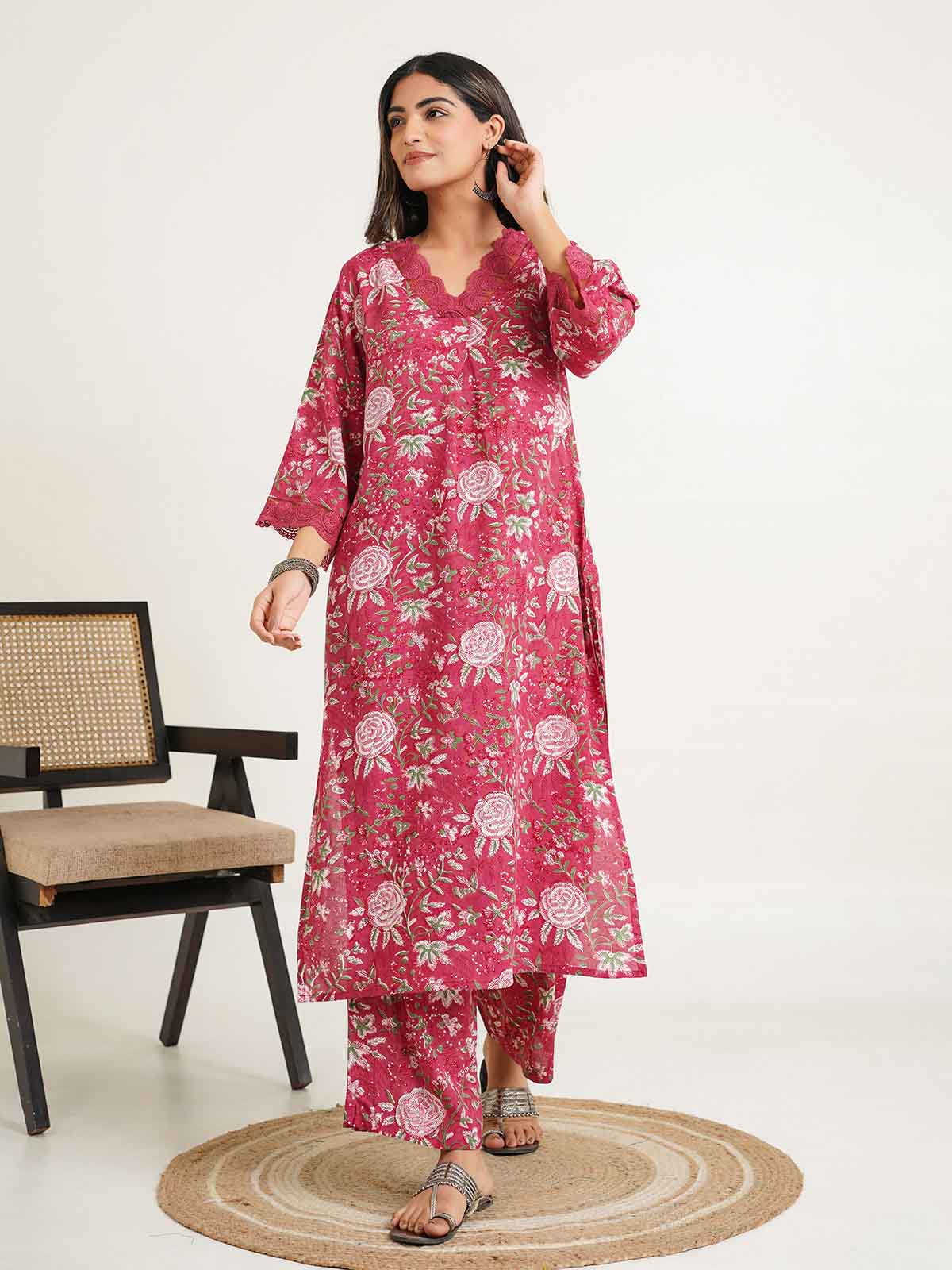 Block Printed Cotton Kurta Pant Bagiya Set Pink