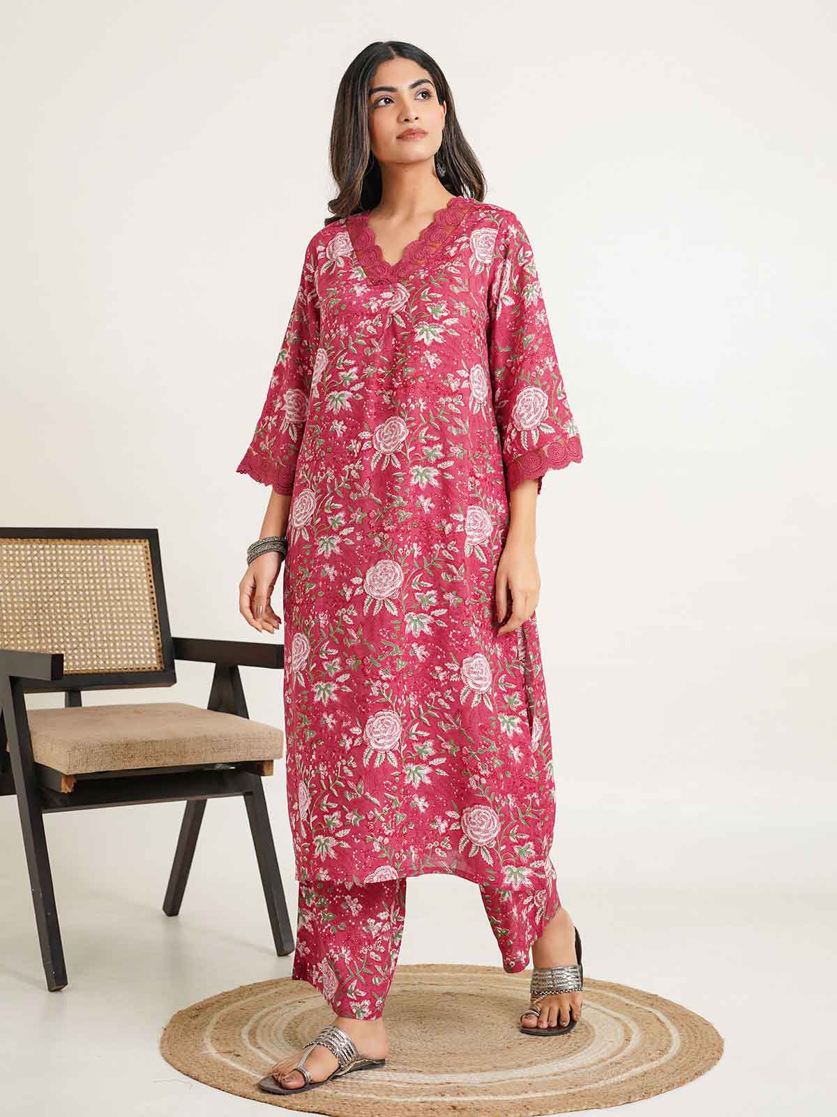 Block Printed Cotton Kurta Pant Bagiya Set Pink