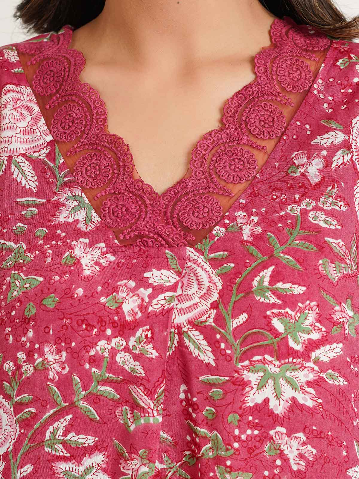Block Printed Cotton Kurta Pant Bagiya Set Pink