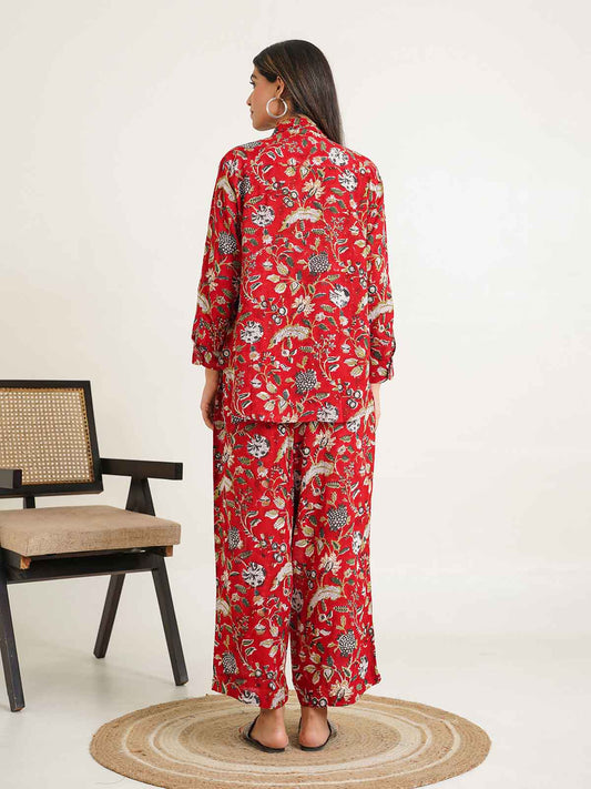Block Printed Cotton Shirt Pant Meher Set Red