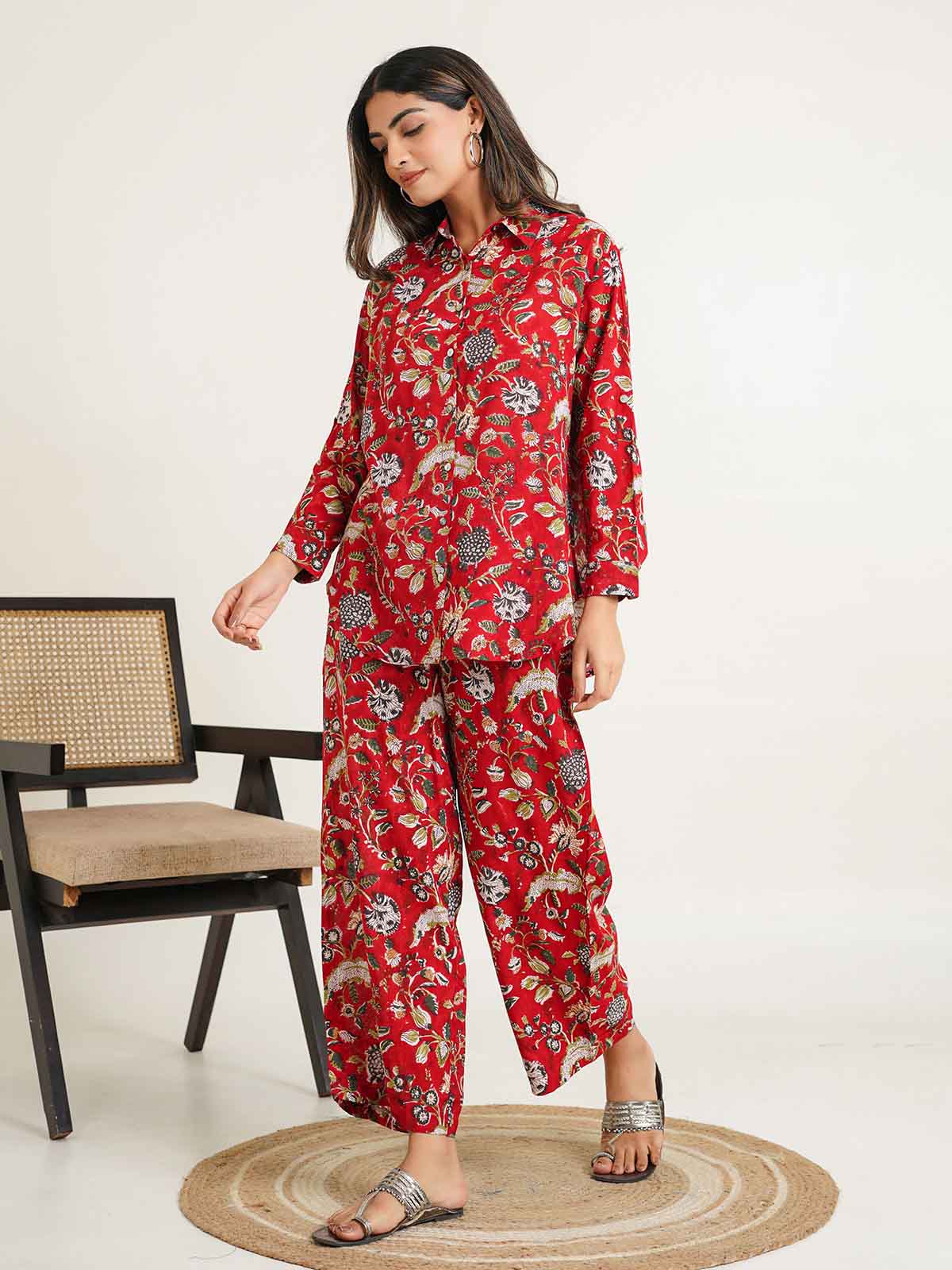 Block Printed Cotton Shirt Pant Meher Set Red