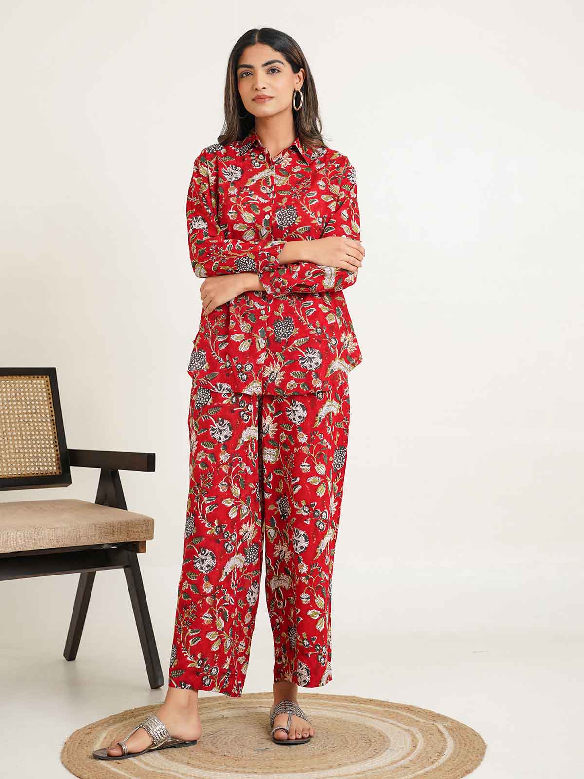 Block Printed Cotton Shirt Pant Meher Set Red