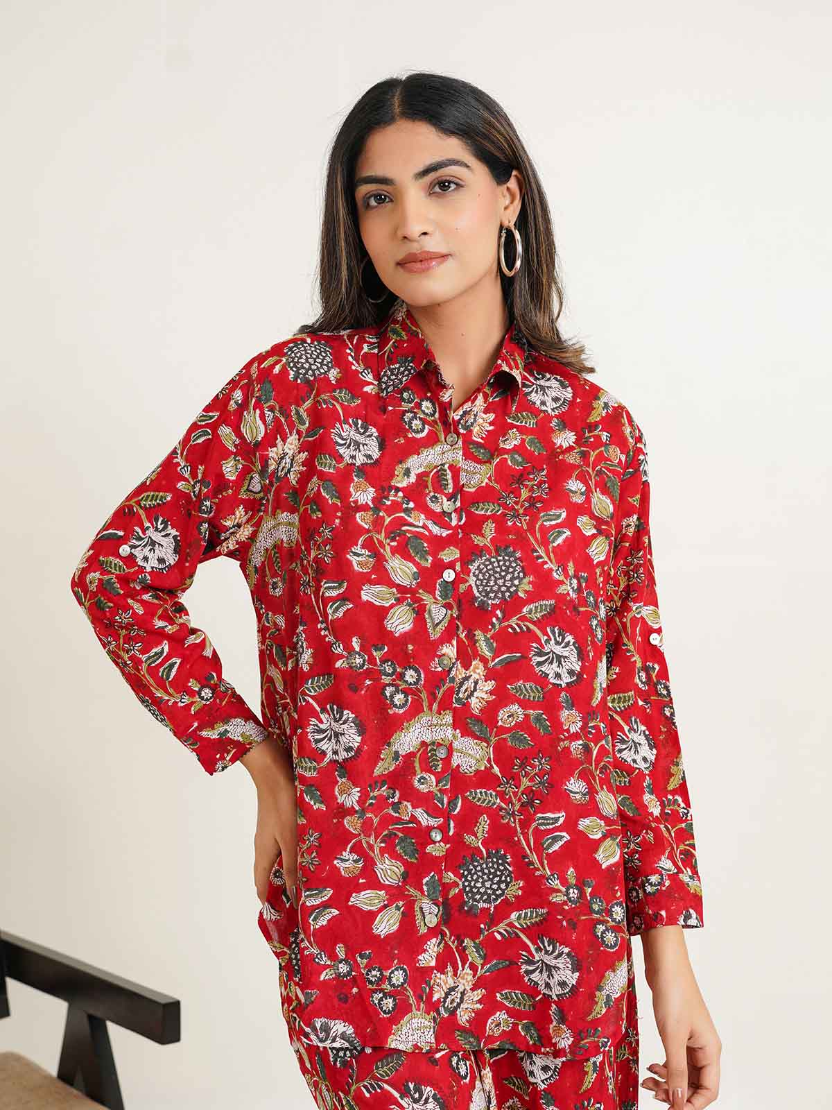 Block Printed Cotton Shirt Pant Meher Set Red