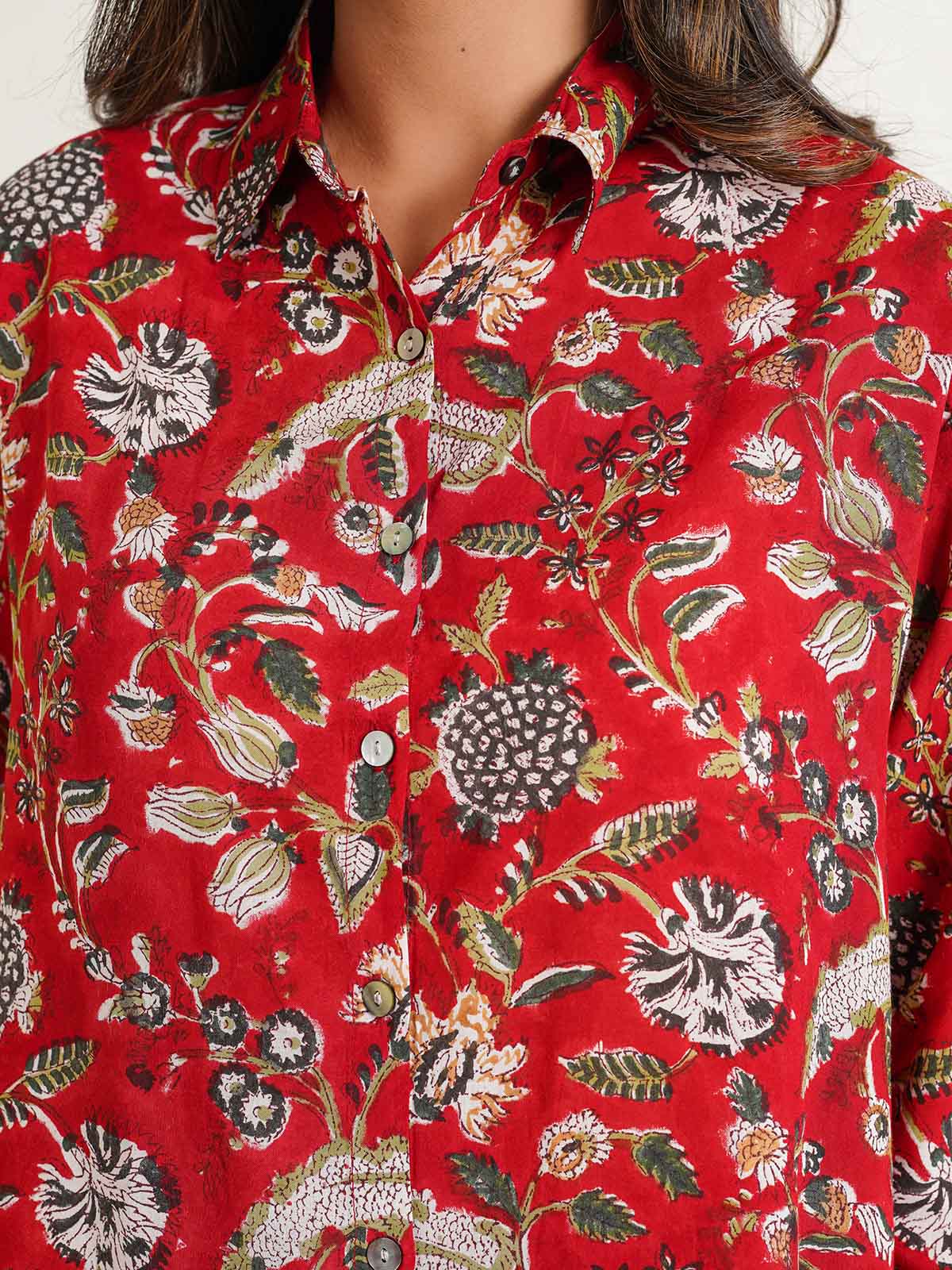Block Printed Cotton Shirt Pant Meher Set Red