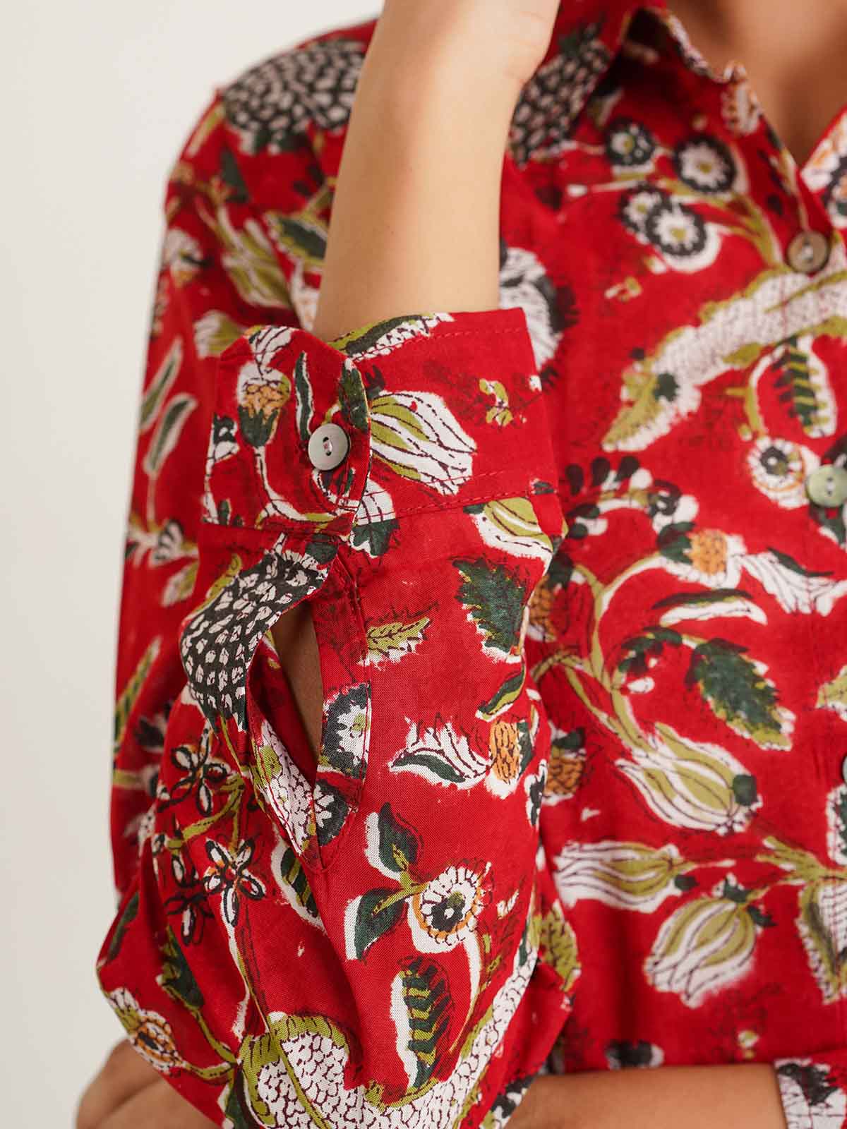 Block Printed Cotton Shirt Pant Meher Set Red