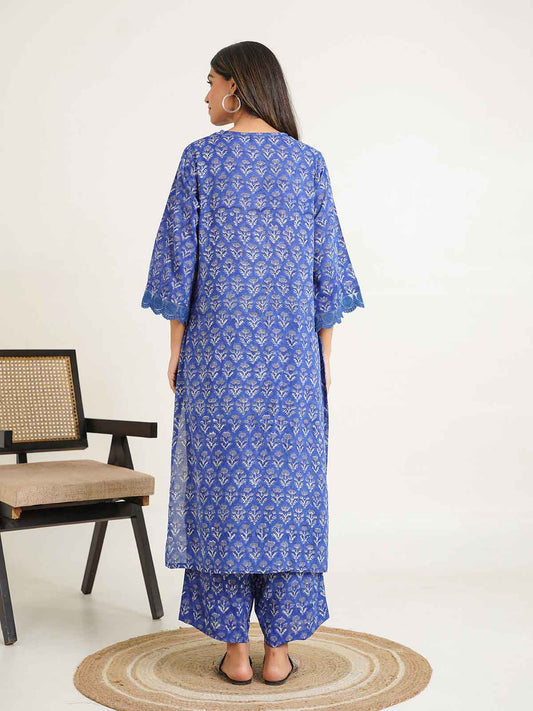 Block Printed Cotton Kurta Pant Bagiya Set Royal Blue