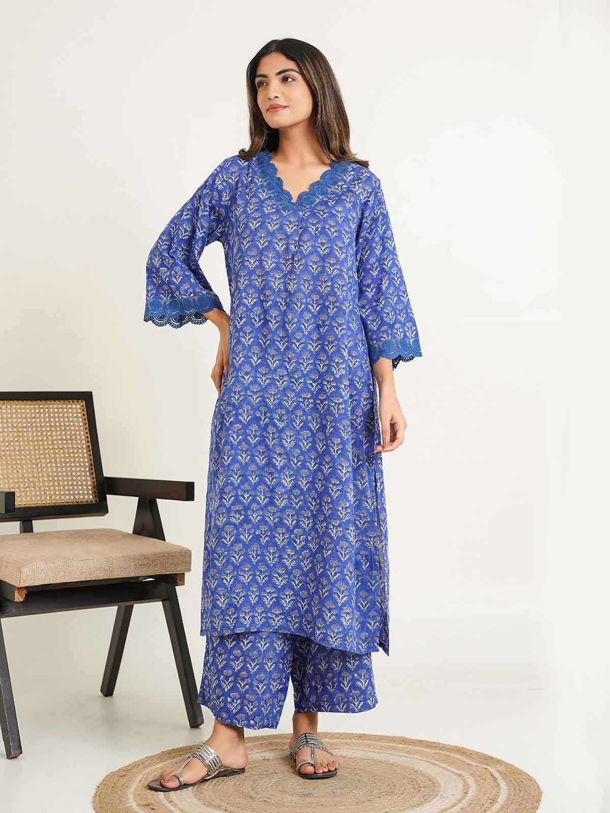 Block Printed Cotton Kurta Pant Bagiya Set Blue