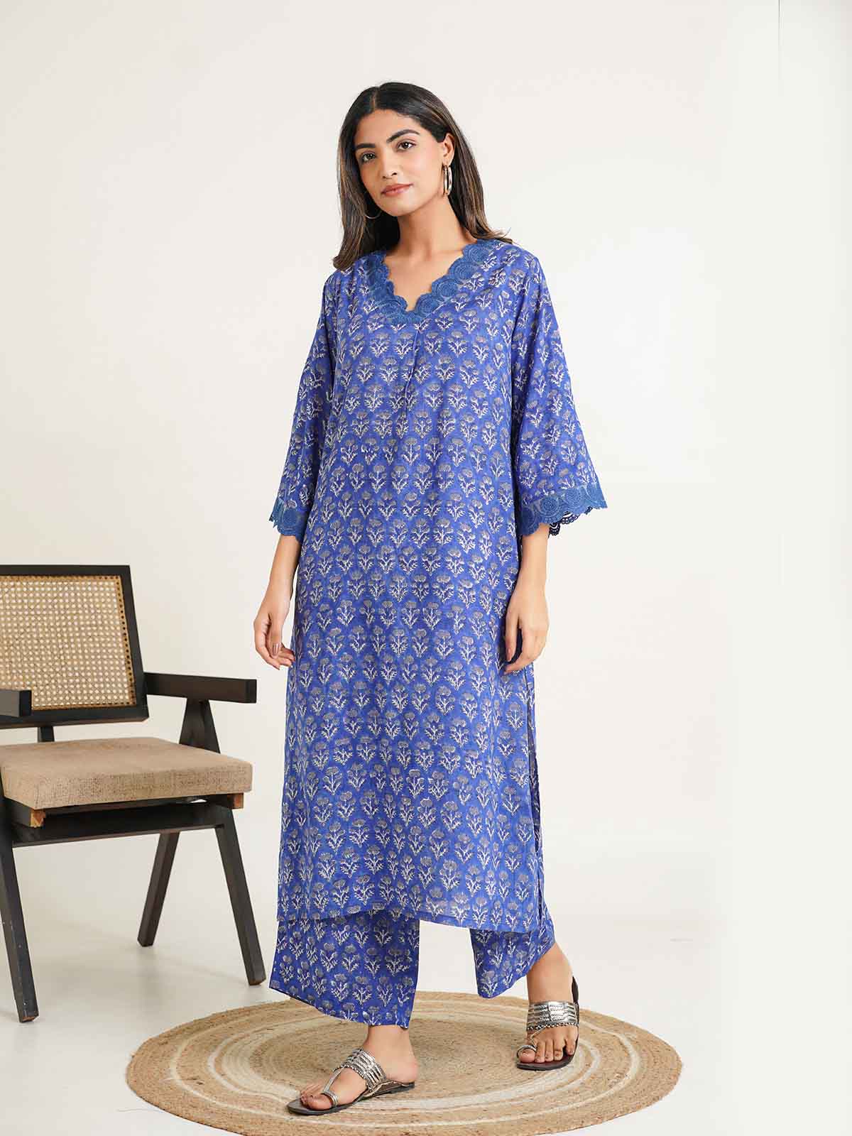 Block Printed Cotton Kurta Pant Bagiya Set Blue