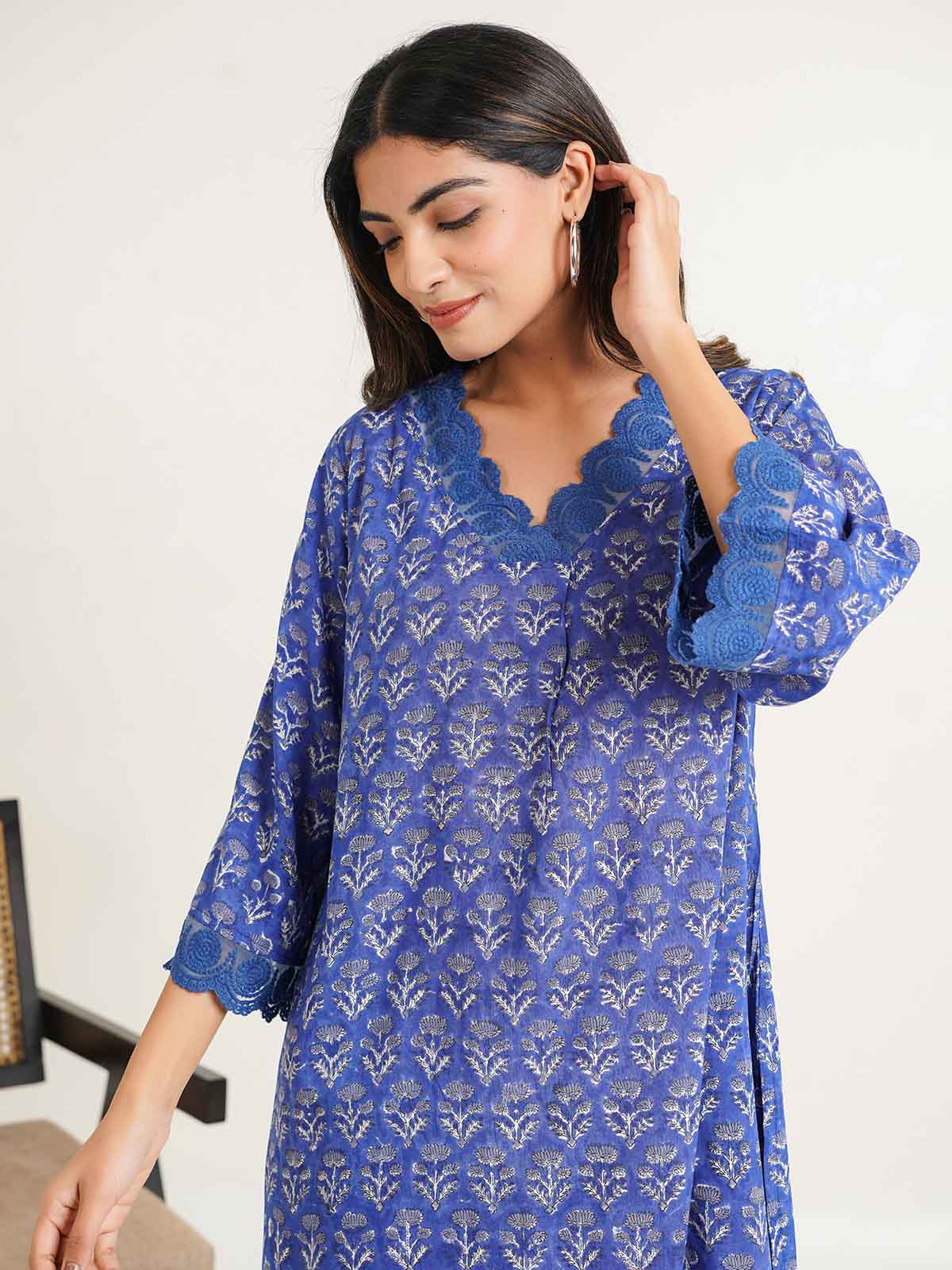 Block Printed Cotton Kurta Pant Bagiya Set Blue