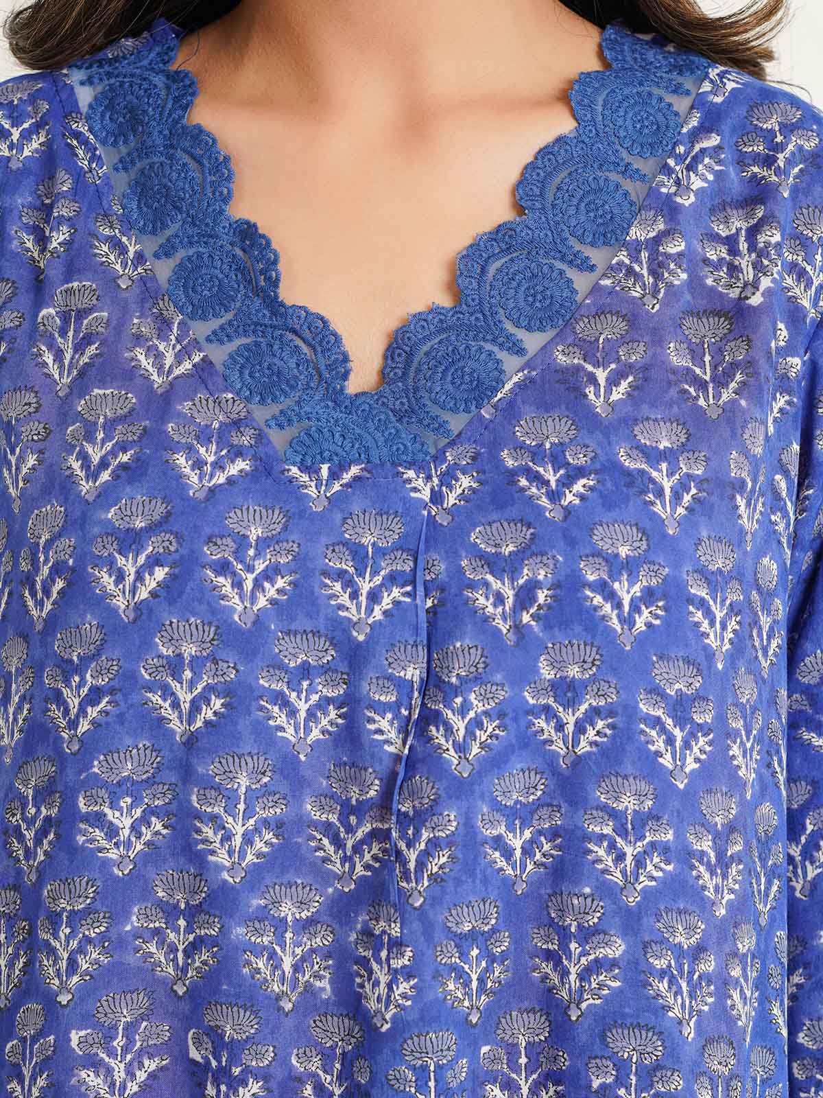 Block Printed Cotton Kurta Pant Bagiya Set Blue