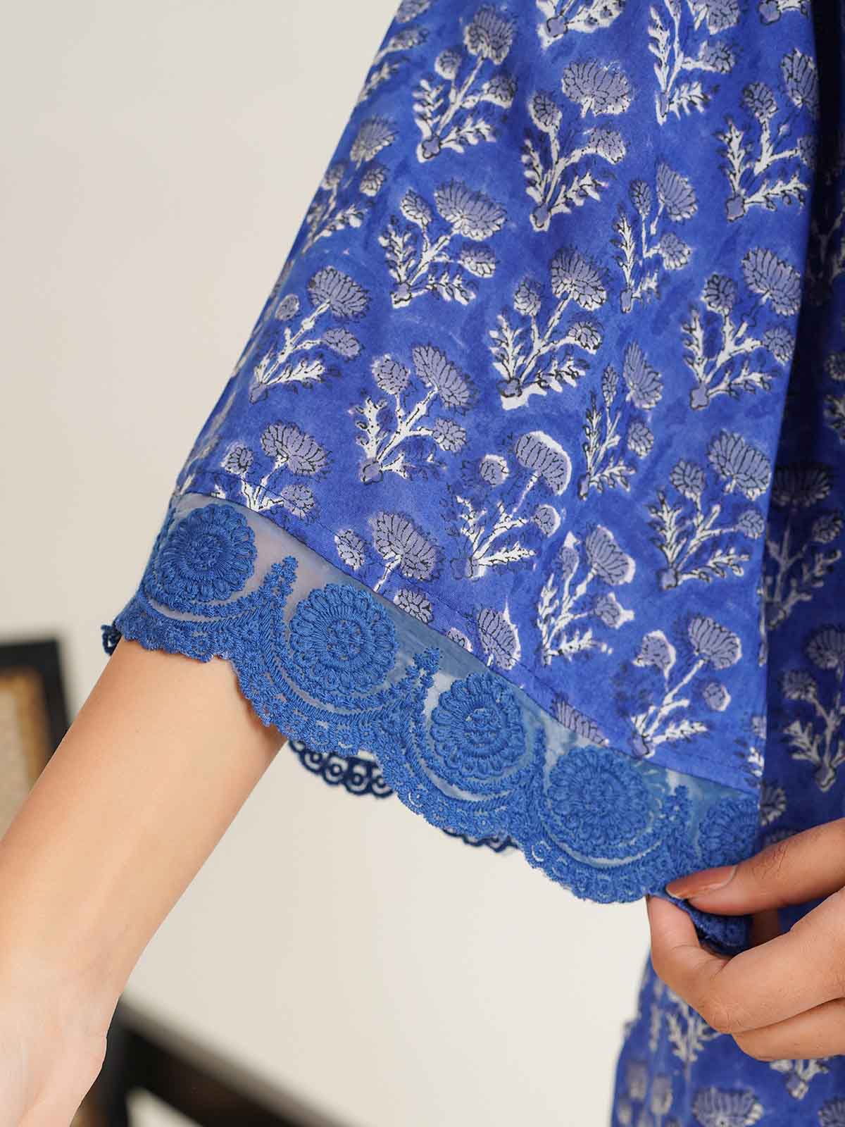 Block Printed Cotton Kurta Pant Bagiya Set Royal Blue