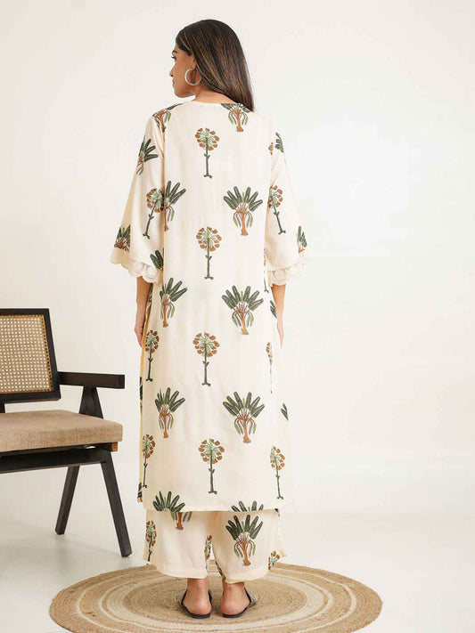 Block Printed Cotton Kurta Pant Bagiya Set Off-White