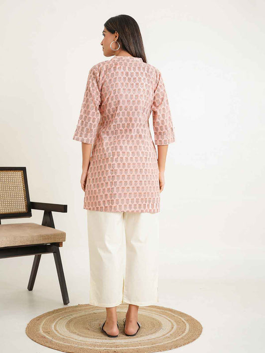 Block-Printed Cotton Short Kurti Peach