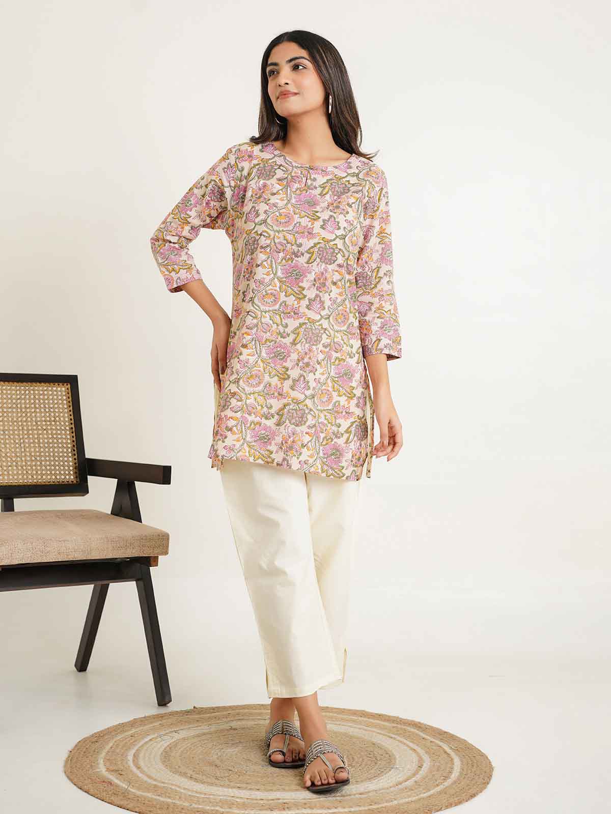 3/4th Sleeve Short Gauhar Kurti Yellow