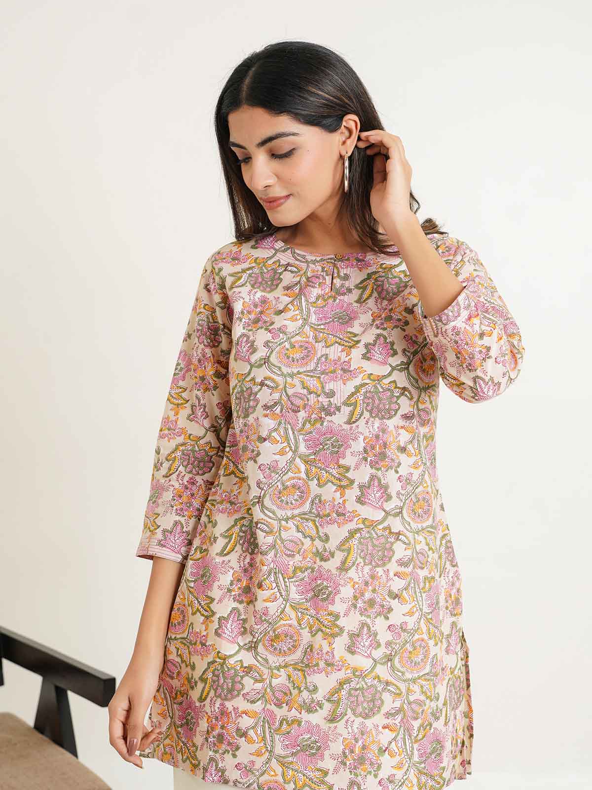 3/4th Sleeve Short Gauhar Kurti Yellow
