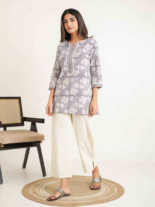 Block-Printed Cotton Zoya Kurti Purple
