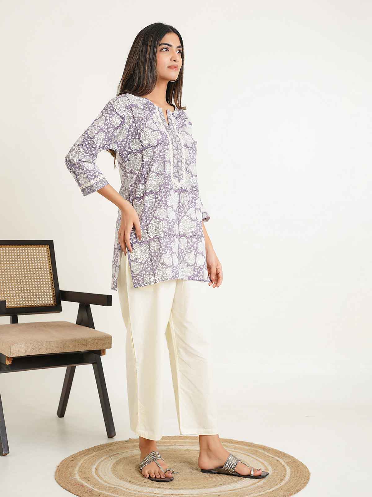 Block-Printed Cotton Zoya Kurti Purple