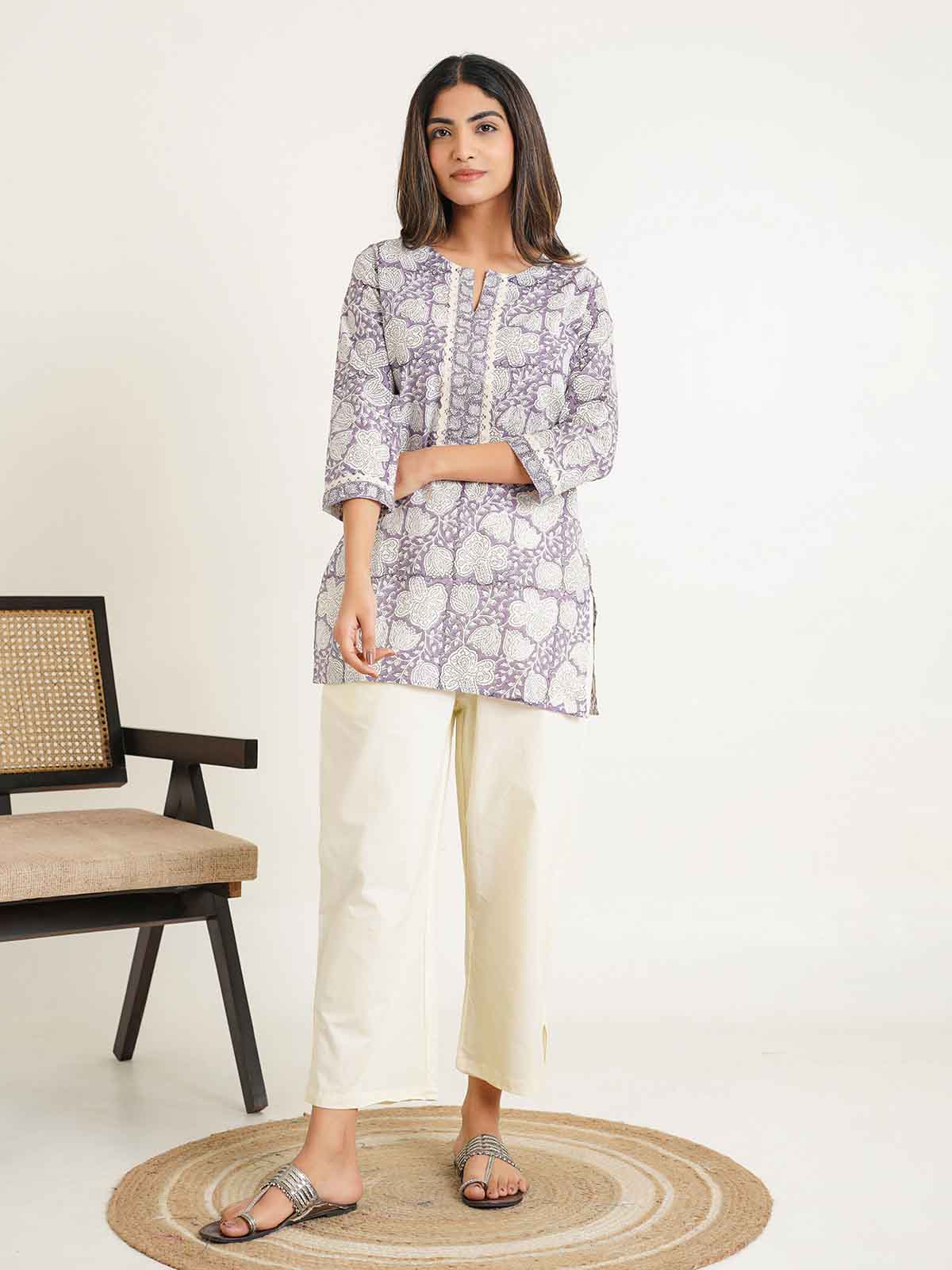 Block-Printed Cotton Zoya Kurti Purple