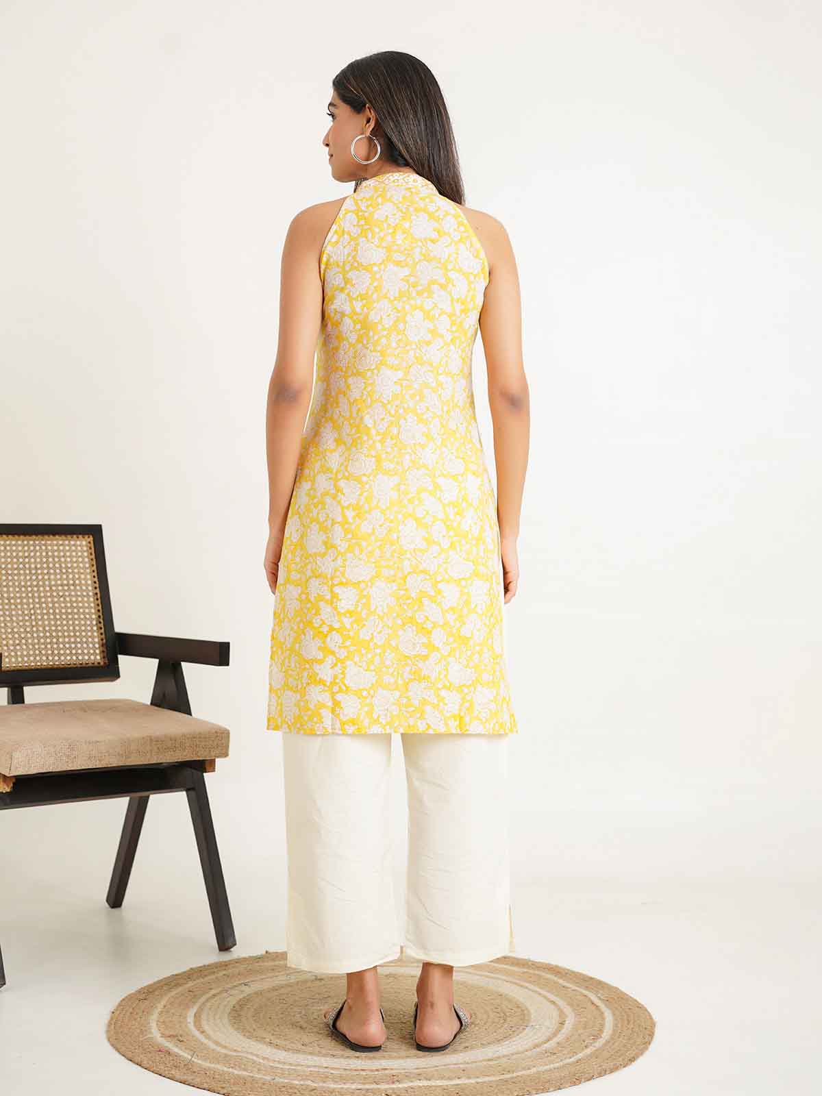 Sleeveless Cotton Halter Neck Kurti Yellow