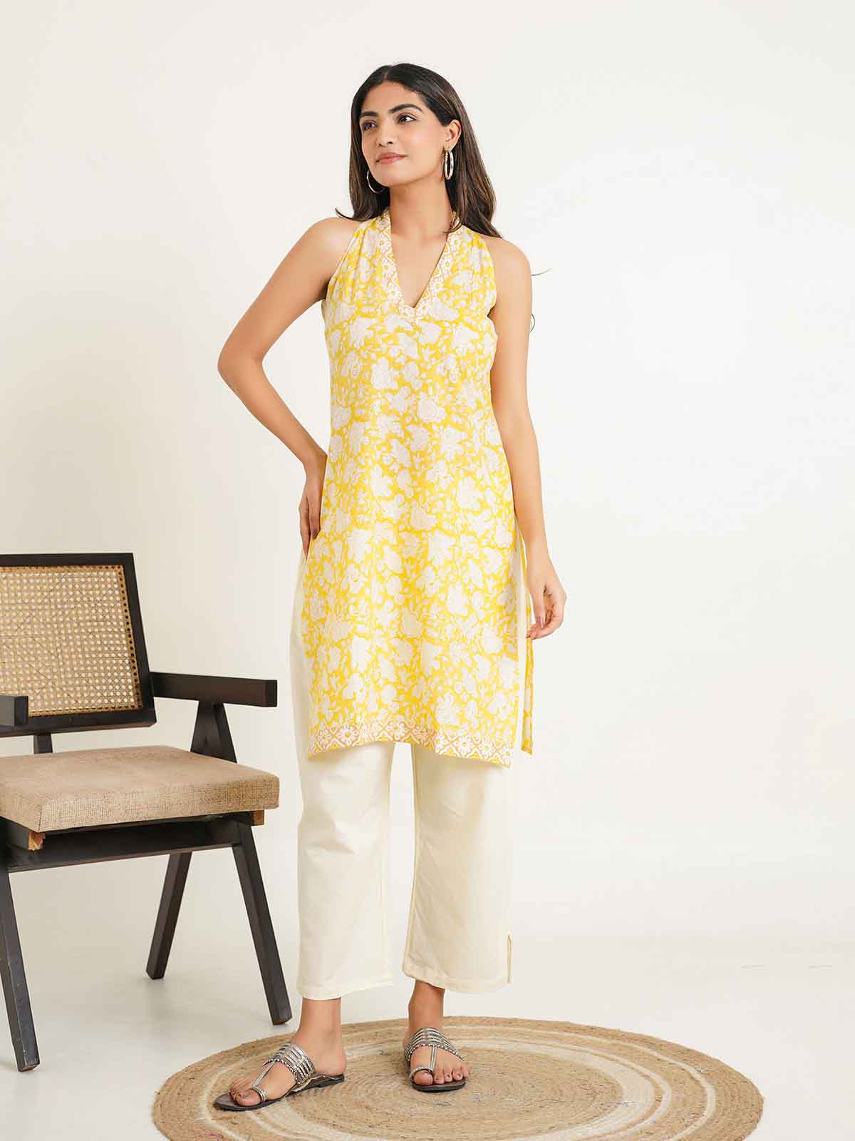 Sleeveless Cotton Halter Neck Kurti Yellow