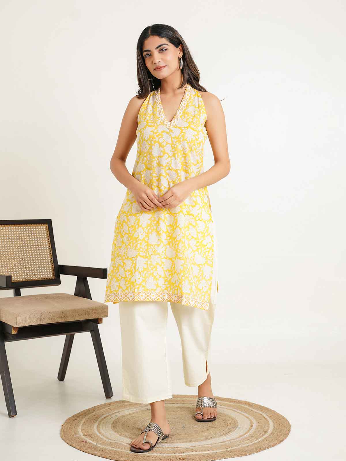 Sleeveless Cotton Halter Neck Kurti Yellow