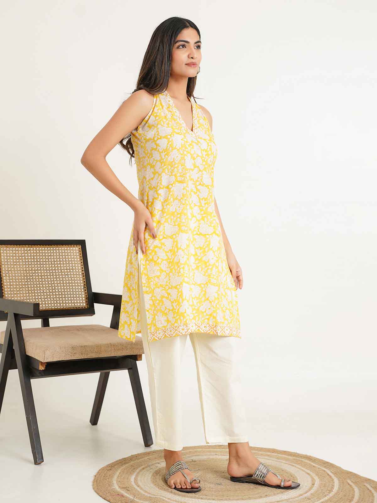 Sleeveless Cotton Halter Neck Kurti Yellow