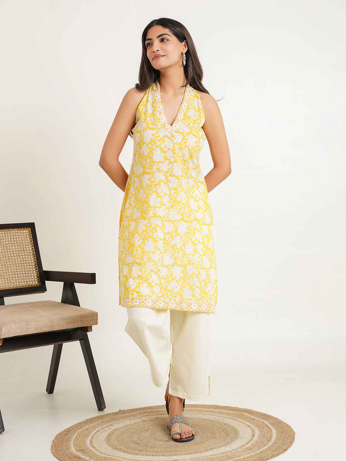Sleeveless Cotton Halter Neck Kurti Yellow