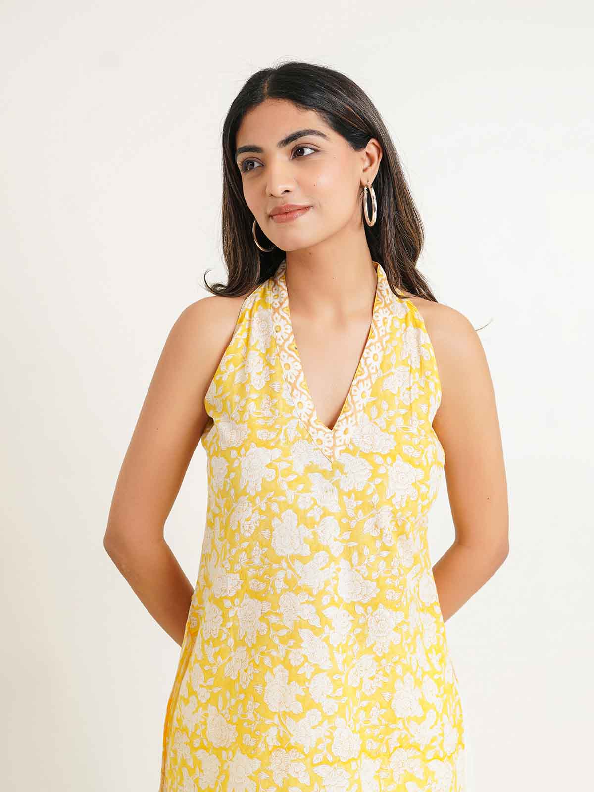 Sleeveless Cotton Halter Neck Kurti Yellow