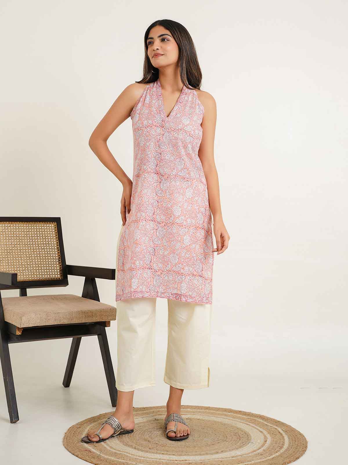 Sleeveless Cotton Halter Neck Kurti Peach