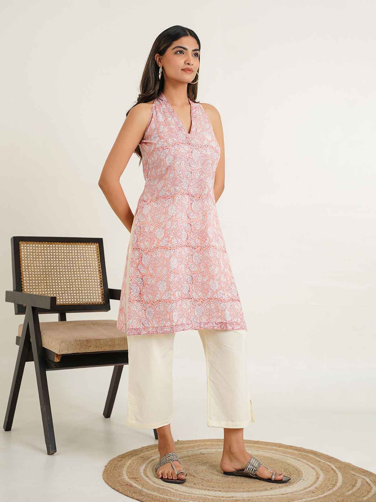 Sleeveless Cotton Halter Neck Kurti Peach
