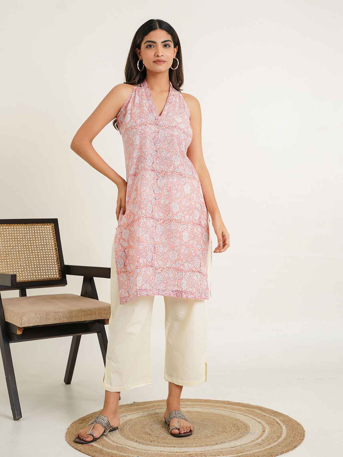 Sleeveless Cotton Halter Neck Kurti Peach