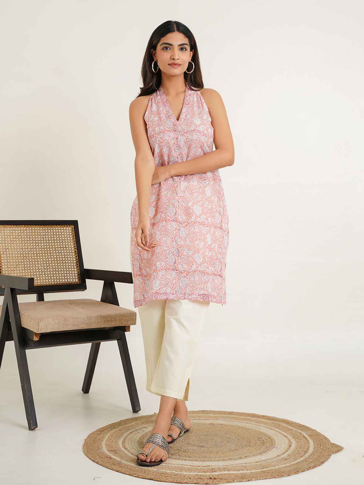 Sleeveless Cotton Halter Neck Kurti Peach