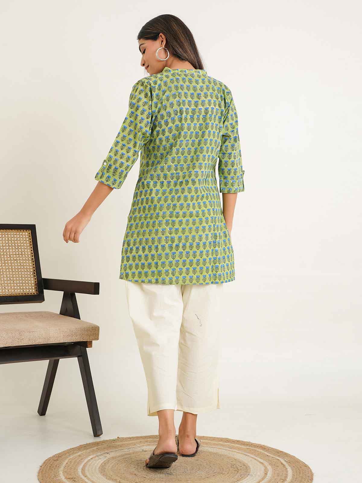Block-Printed Cotton Short Kurti Green