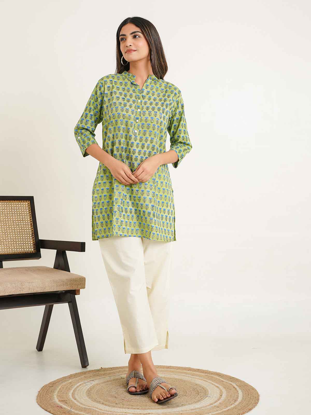 Block-Printed Cotton Short Kurti Green
