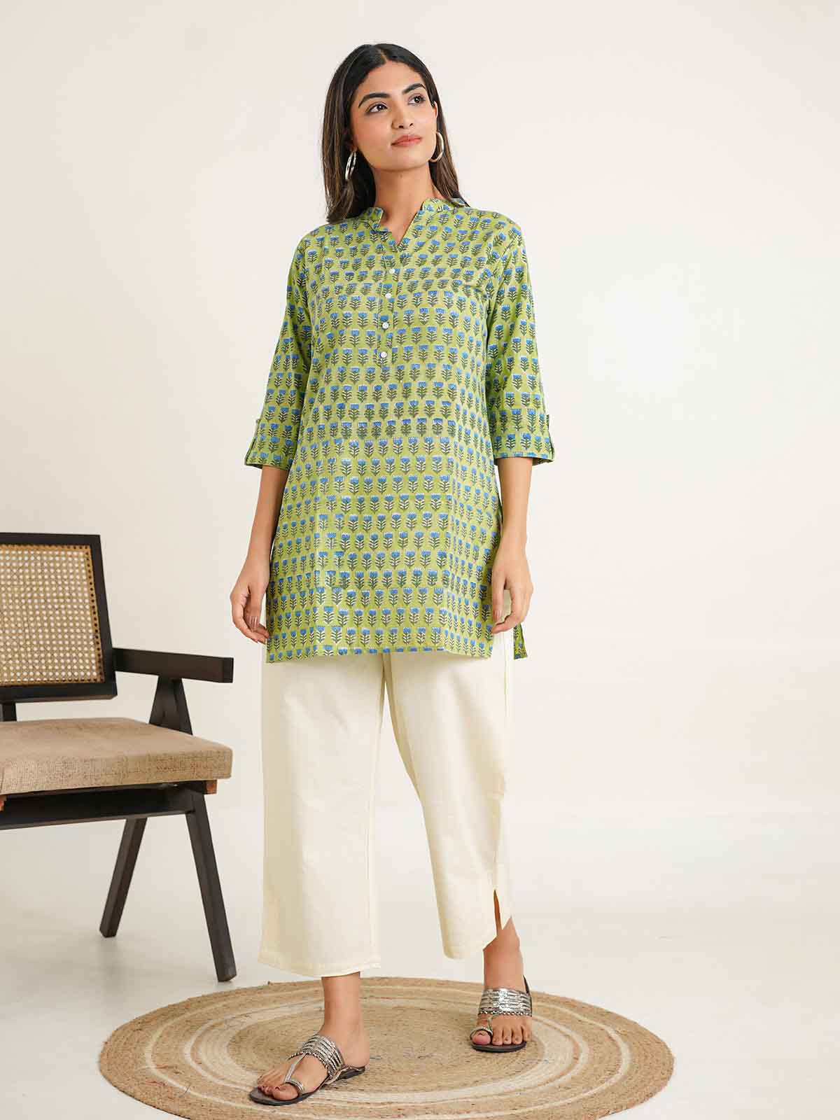Block-Printed Cotton Short Kurti Green