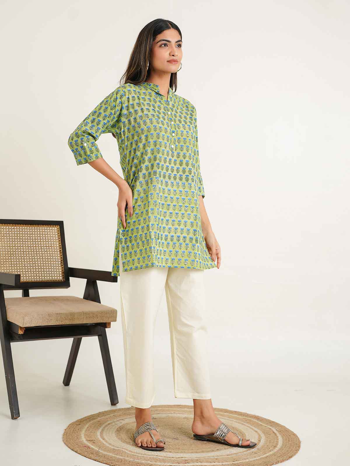 Block-Printed Cotton Short Kurti Green