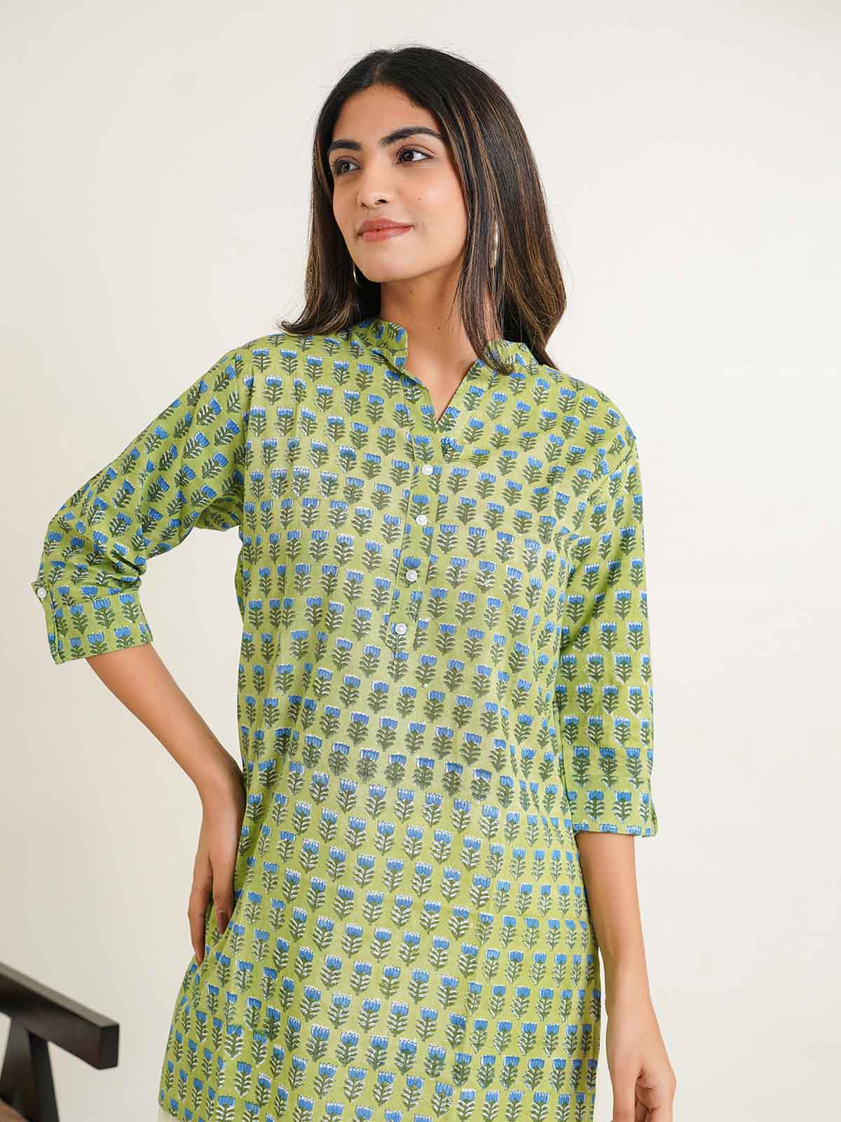 Block-Printed Cotton Short Kurti Green