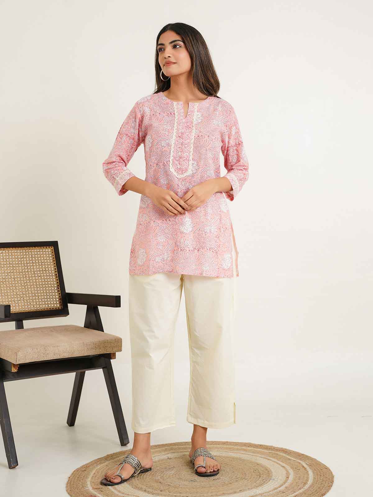 Block-Printed Cotton Zoya Kurti Peach