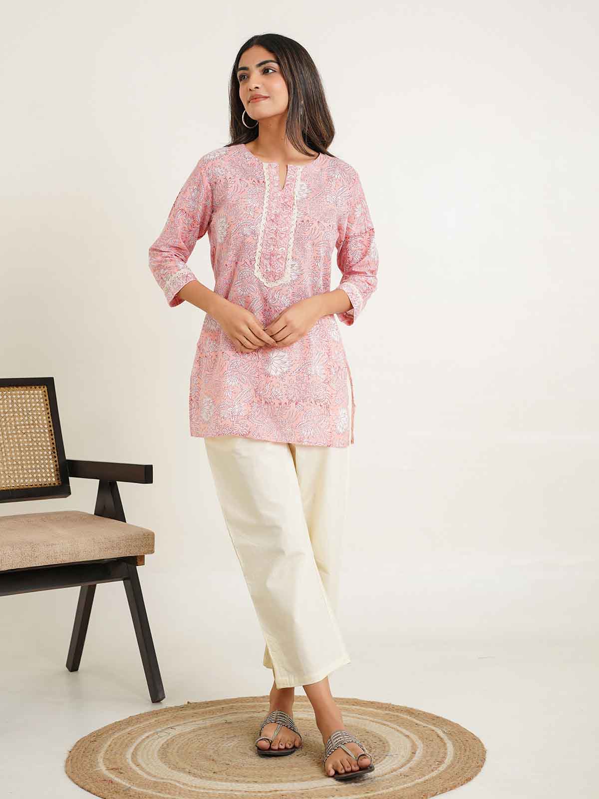 Block-Printed Cotton Zoya Kurti Peach