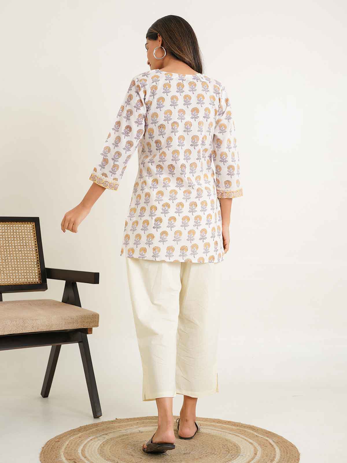 Block-Printed Cotton Zoya Kurti White