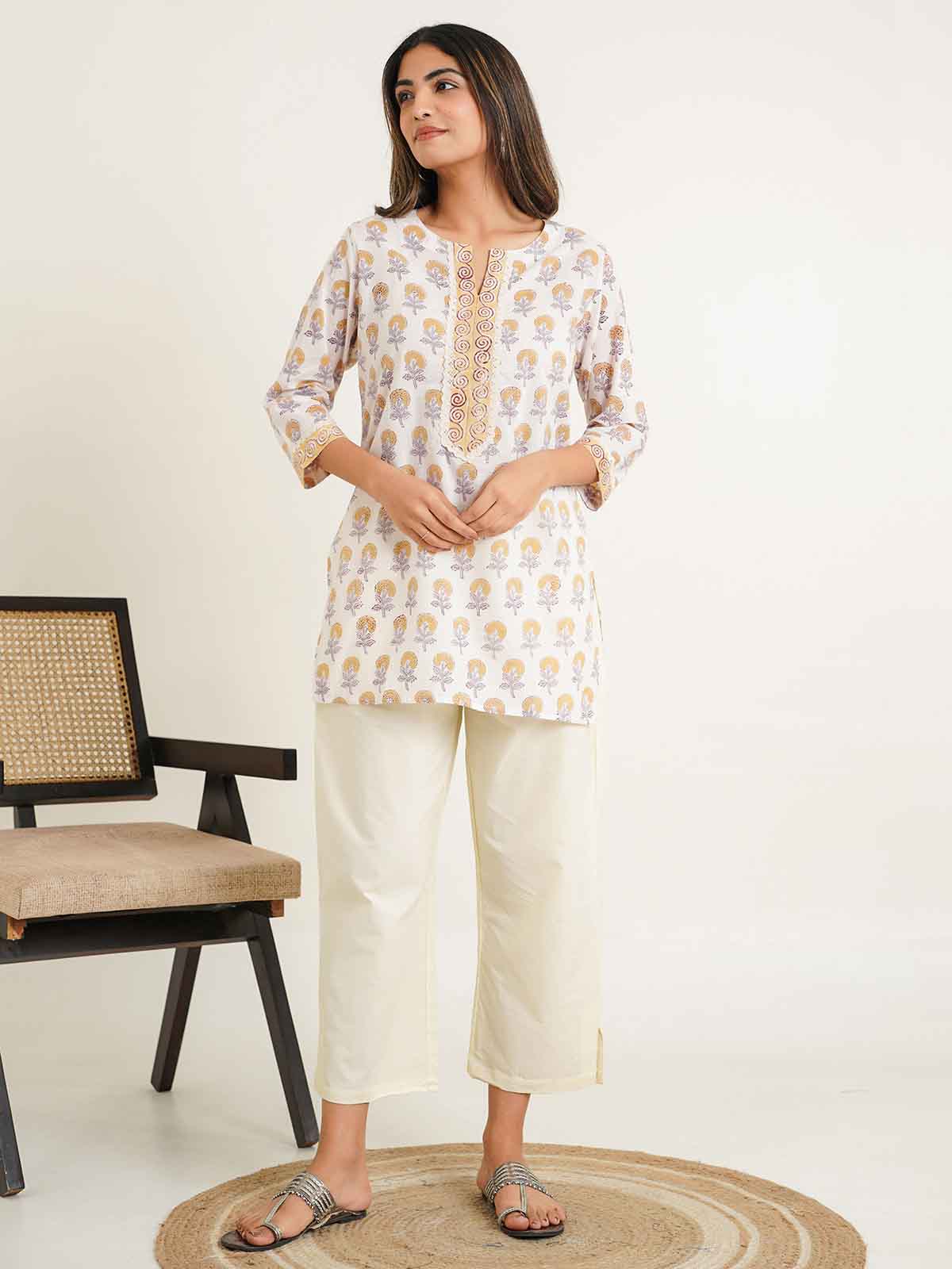 Block-Printed Cotton Zoya Kurti White