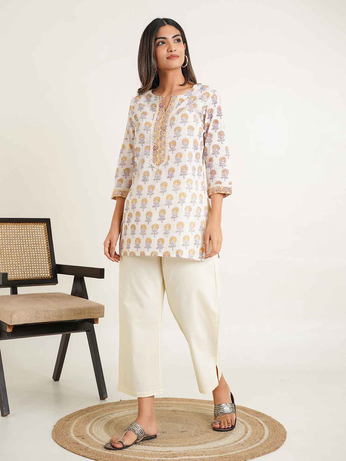 Block-Printed Cotton Zoya Kurti White