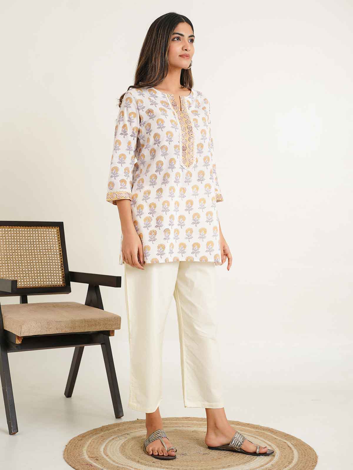 Block-Printed Cotton Zoya Kurti White
